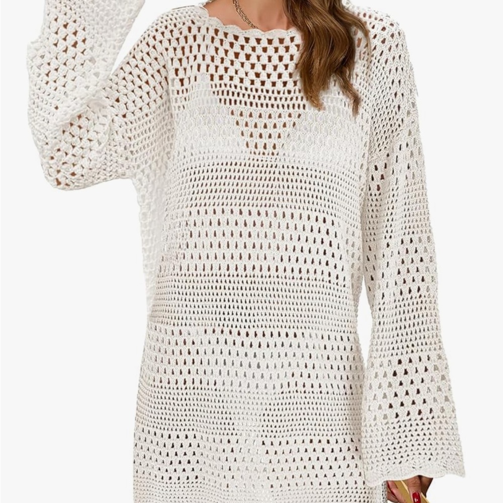 Crocheted White Swim Cover Beach Sweater Resort Wear Vacation Boho Coverup